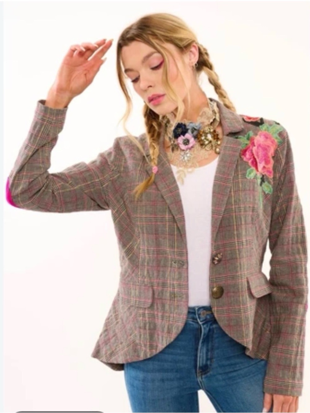 Aratta Gariella Pink Plaid Embroidered Floral Tailored Blazer